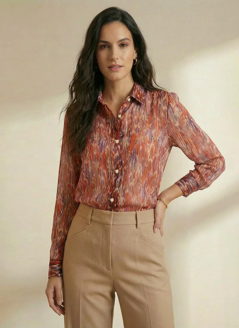 globus Globus Women Maroon Spread Collar Abstract Print Lurex Details Cuffed Sleeves Relaxed Fit Satin Party Shirt